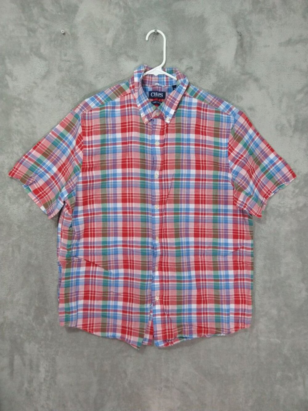 Chaps Shirt Mens XL Red Blue Plaid Linen Blend Short Sleeve Button Down Casual
